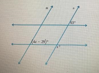 In the figure below, k || 1 and m || n. Find the values of x and z.-example-1