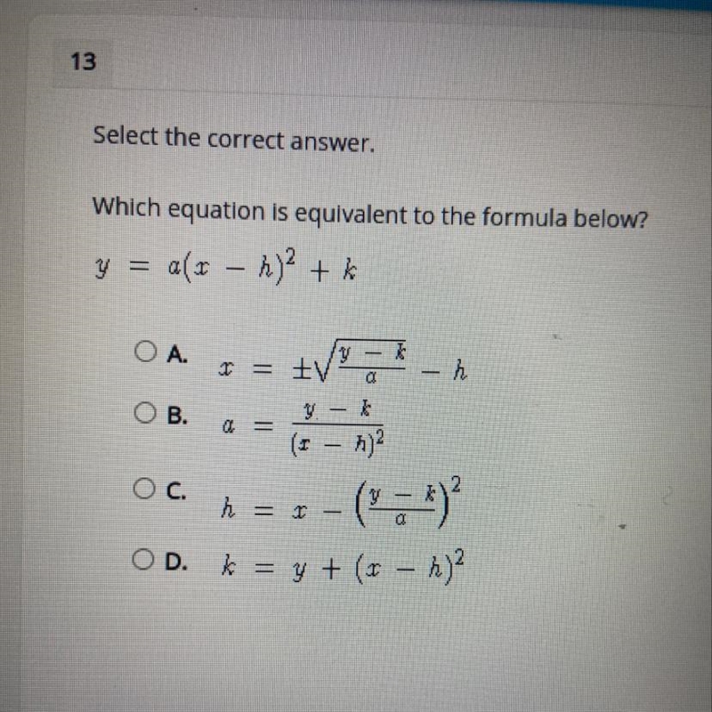 Which equation is equivalent to the formula below?y = alt – h)2 + kOA- hOB.YI = EVaY-example-1