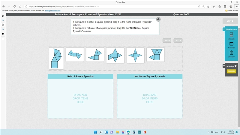 If the figure is a net of a square pyramid, drag it to the “Nets of Square Pyramids-example-1