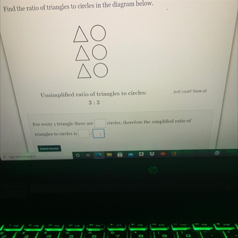 Find the ratio of triangles to circles in the diagram below.ΔΟΔΟΔΟJost count them-example-1