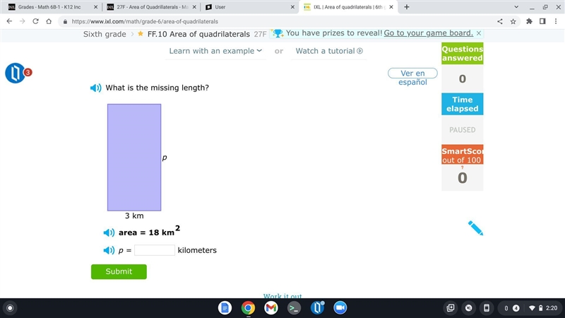 Ver en españolWhat is the missing length?3 kmparea=18 km2p= kilometers-example-1