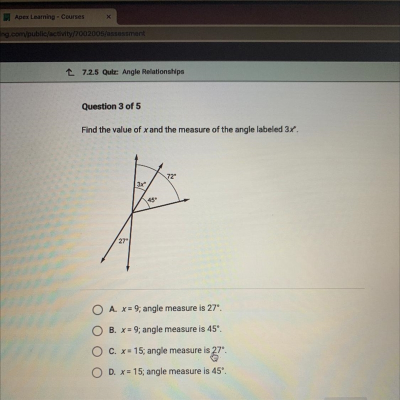 Question 3 of 5Find the value of x and the measure of the angle labeled 3x.723x4527O-example-1