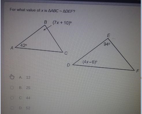 For what value of x is triangle ABC similar to triangle DEF?-example-1