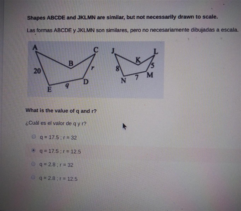 Shapes ABCDE and JKLMN are similar, but not necessarily drawn to scale.What is the-example-1