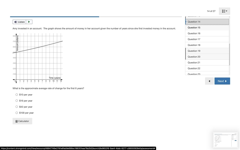 Amy invested in an account. The graph shows the amount of money in her account given-example-1