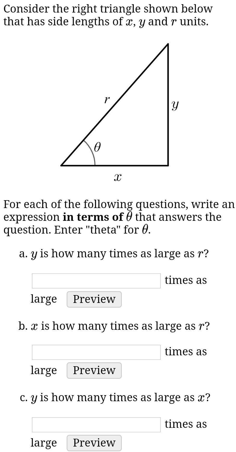 Consider the right triangle shown below that has side lengths of x, y and r units-example-1