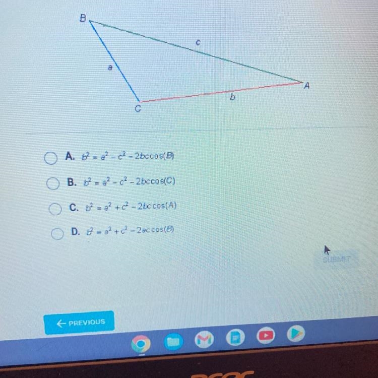 Given any triangle ABC with corresponding side lengths A, B, and C, the law of cosine-example-1