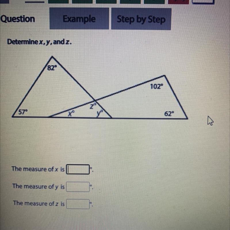 82° 57° The measure of x is The measure of y is The measure of z is to Z 102 62⁰-example-1