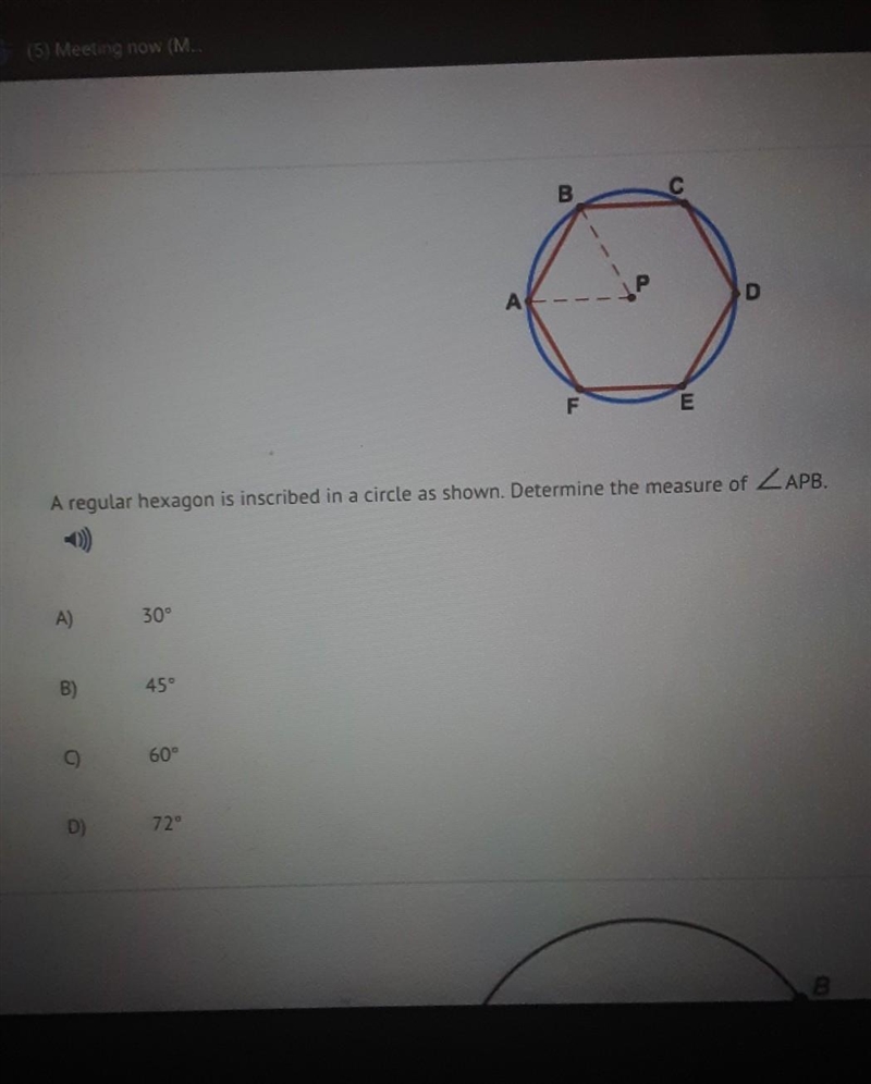 A regular hexagon is inscribed in a circle as shown. Determine the measure of angle-example-1