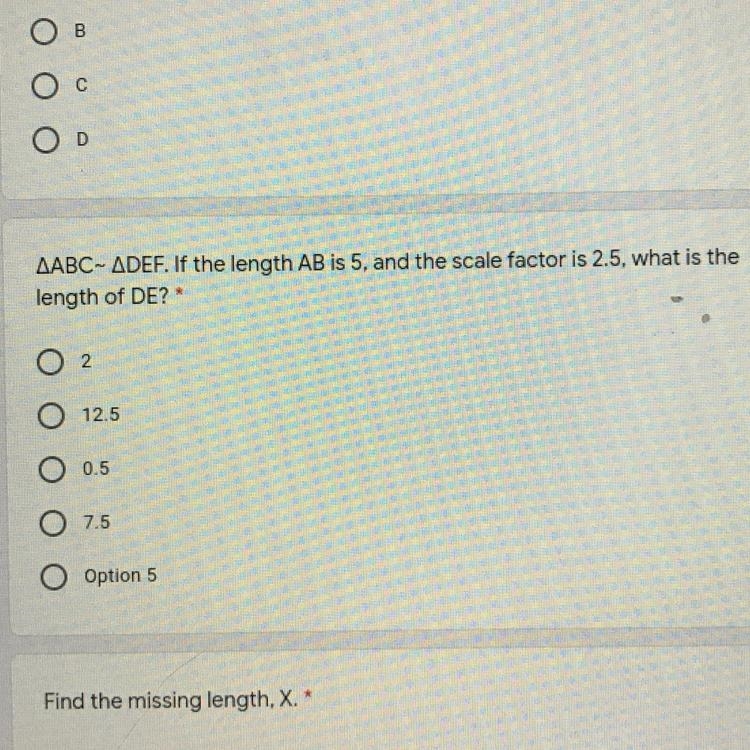 ABC~DEF. If the length AB is 5, and the scale factor is 2.5, what is thelength of-example-1