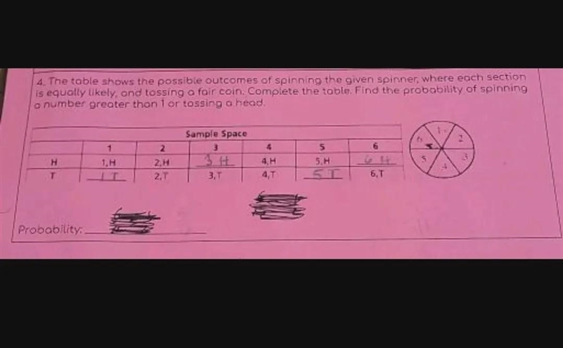 The table shows the possible outcomes of spinning the given spinner, where each section-example-1