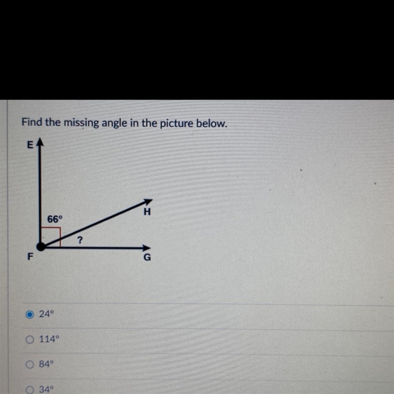 Find the missing angle in the picture belowI put 24 degrees not sure if it’s correct-example-1