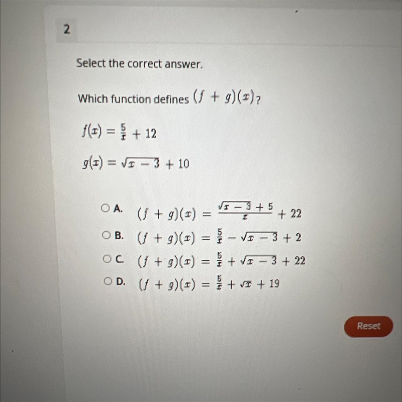 Select the correct answer.Which function defines (/ + g)(=)7(=) = 5 + 12g(I) = Vr-example-1