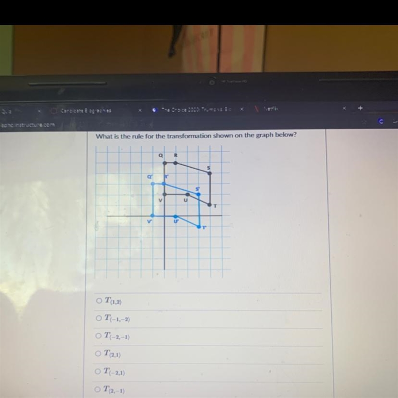 What is the rule for the transformation shown on the graph below!T(1,2)T(-1,-2)T(-2,-1)T-example-1