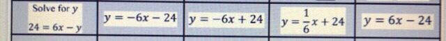 Solve for Y. 24 = 6x - y the equations beside it are the answer choices.-example-1