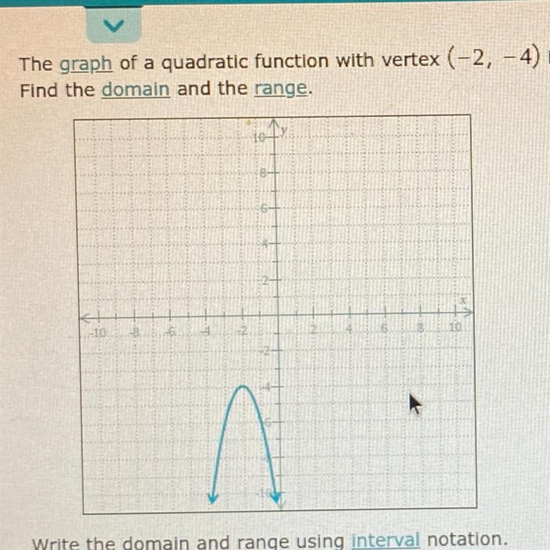 The graph of a quadratic function with vertex (-2,-4) is Find the domain and the range-example-1