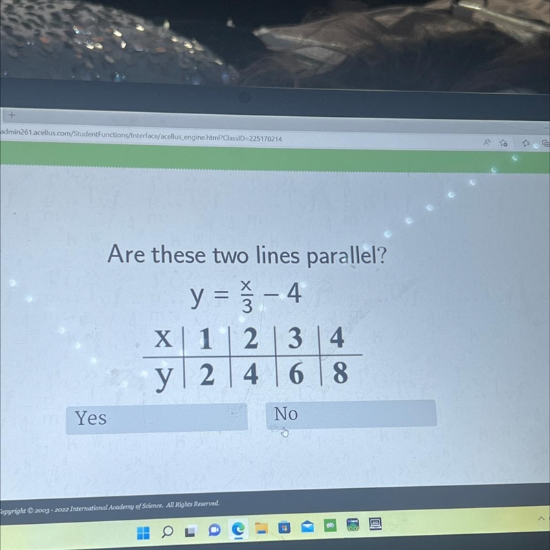 YesAre these two lines parallel?y = - 4X 12 3 4y 2 4 6 8No>-example-1