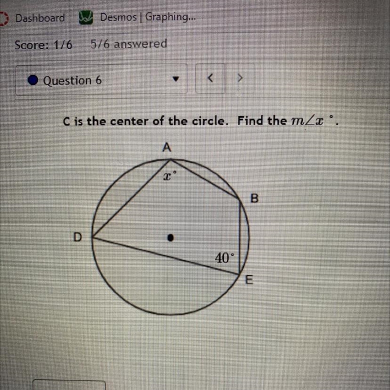 C is the center of the circle. Find the mZx'.AB.D40°E-example-1