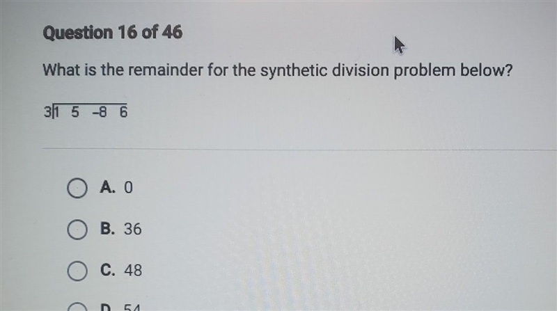 What is the remainder for the synthetic division problem? (image attached)​-example-1