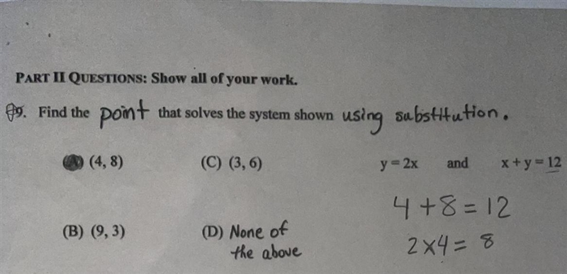 I need help finding the point and slowing the system of equations using substitution-example-1