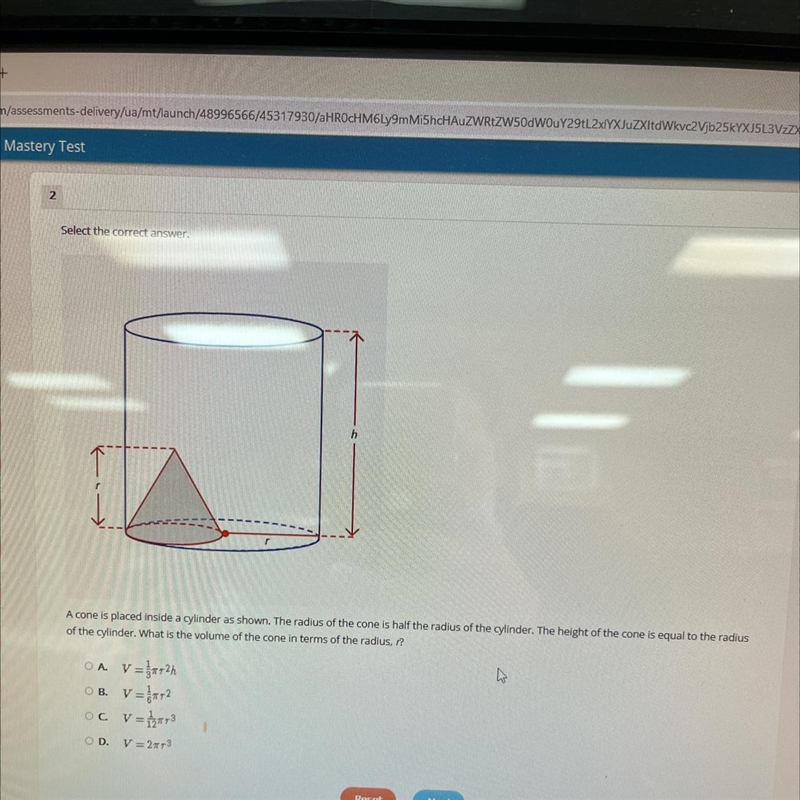 A cone is placed inside a cylinder as shown. The radius of the cone is half the radius-example-1