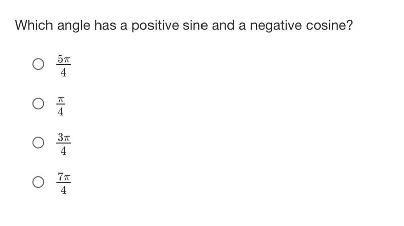 Which angle has a positive sine and a negative cosine?-example-1