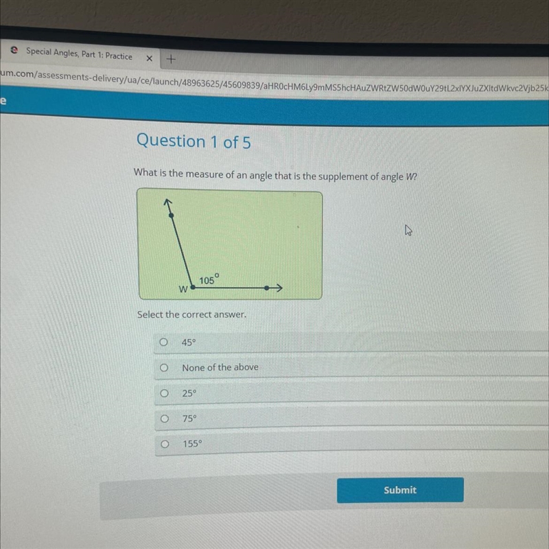 What is the measure of an angle that is the supplement of angle W?-example-1