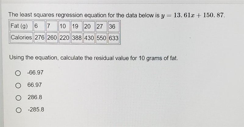 The least squares regression equation for the data below is y = 13.61x + 150. 87. Fat-example-1