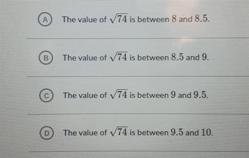 How do I find the the two numbers that lie between the squareroot of 74?-example-1