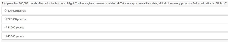 A jet plane has 160,000 pounds of fuel after the first hour of flight. The four engines-example-1