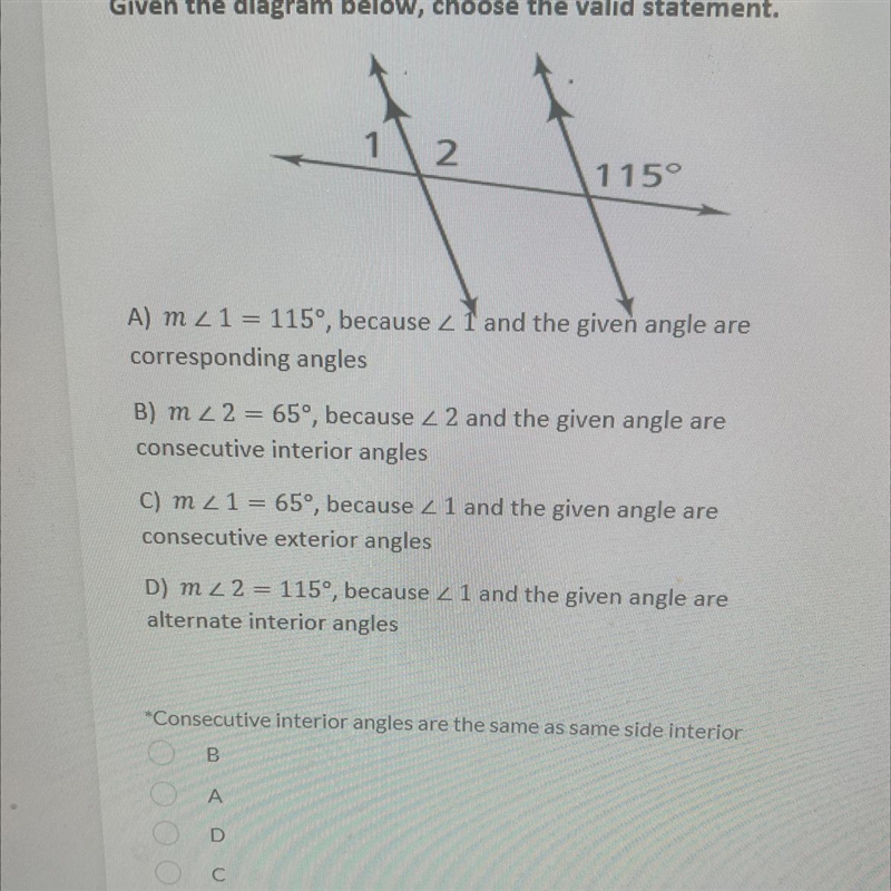 Given the diagram below, choose the valid statement.2115°A) m 21-115°, because I and-example-1