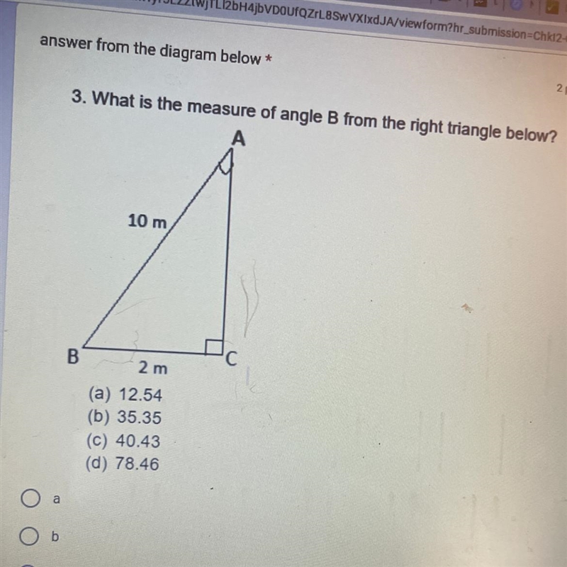 3. What is the measure of angle B from the right triangle below?-example-1