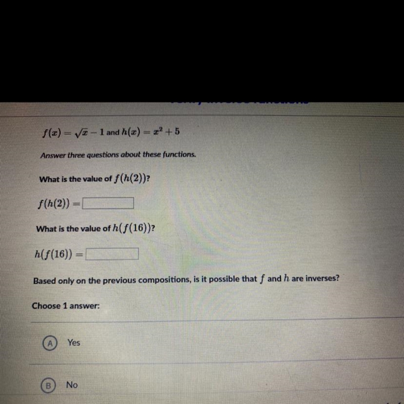 f(x) = V2 - 1 and h(x) = x² + 5Answer three questions about these functions.What is-example-1