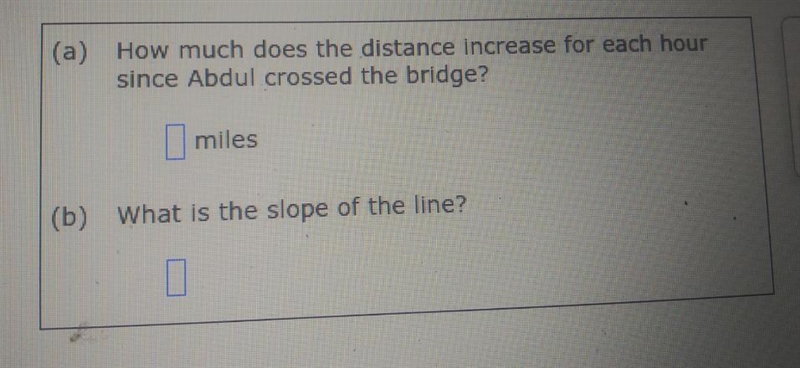 after crossing a bridge, abdul drives at a constant speed. the graph below shows the-example-2