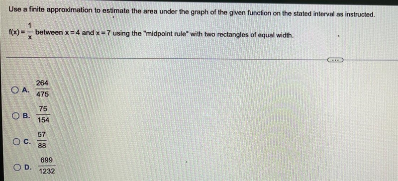 F(x) = = between x=4 and x = 7 using the "midpoint rule" with two rectangles-example-1