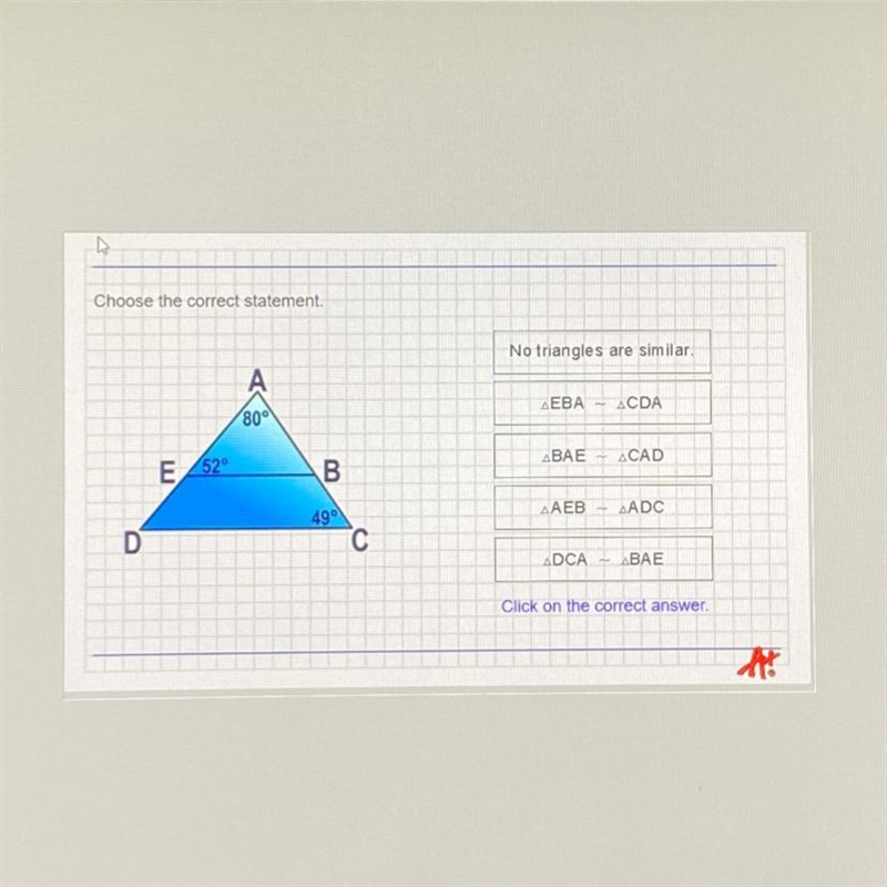 I know that triangle AEB angles are 80, 52, 48 and triangle ADC angles are 80, 51, 49 that-example-1