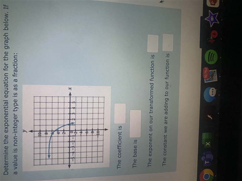 Determine the exponential equation for the graph below. If a value is non-integer-example-1