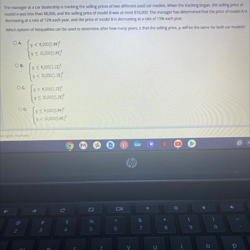 Select the correct answer.The manager at a car dealership is tracking the selling-example-1