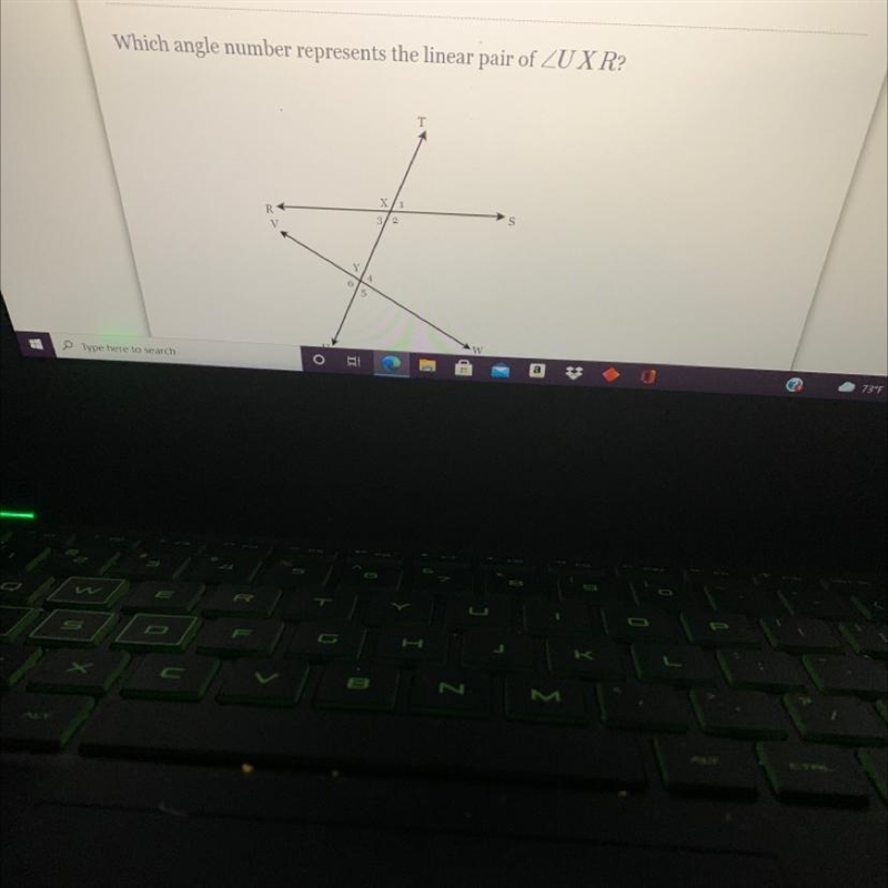 Which angle number represents the linear pair of ZU XR?-example-1