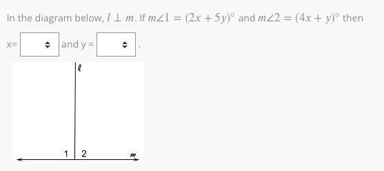 In the diagram below, ⊥l⊥m. If ∠1=(2+5)°m∠1=(2x+5y)° and ∠2=(4+)°m∠2=(4x+y)° then-example-1