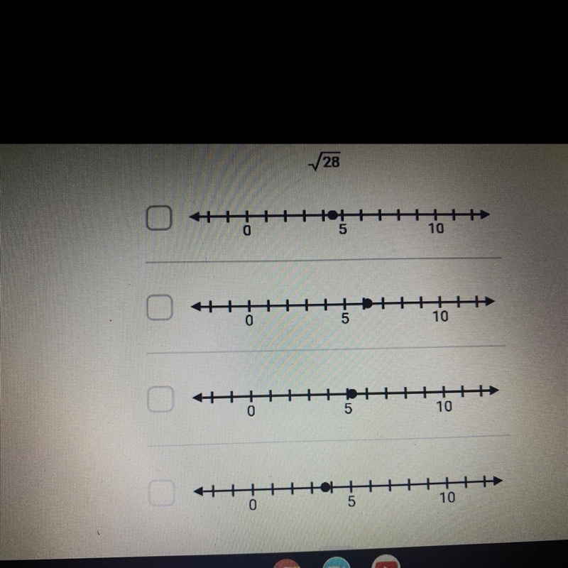 Choose the number line that could show this value. Square root of 28-example-1