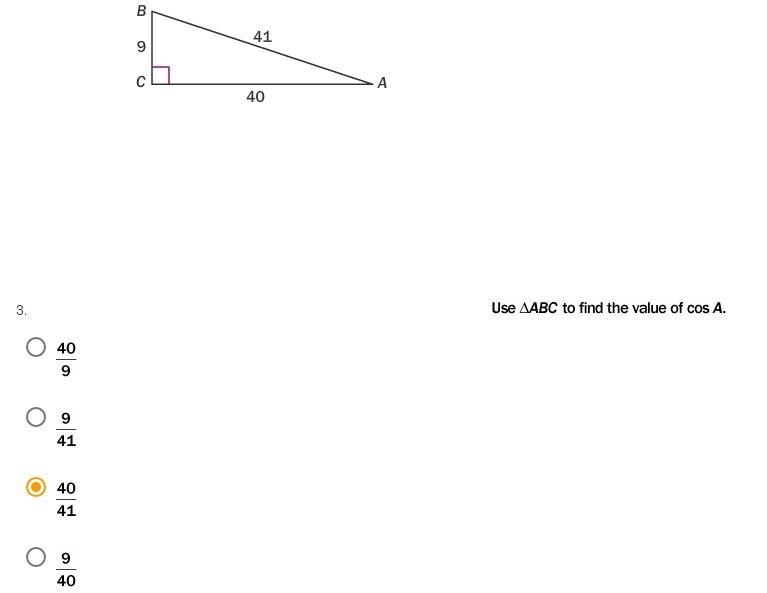 Use ABC to find the value of cos A 40/9 9/41 40/41 9/40-example-1