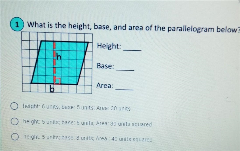 What is the height, base, and area of the parallelogram below?-example-1