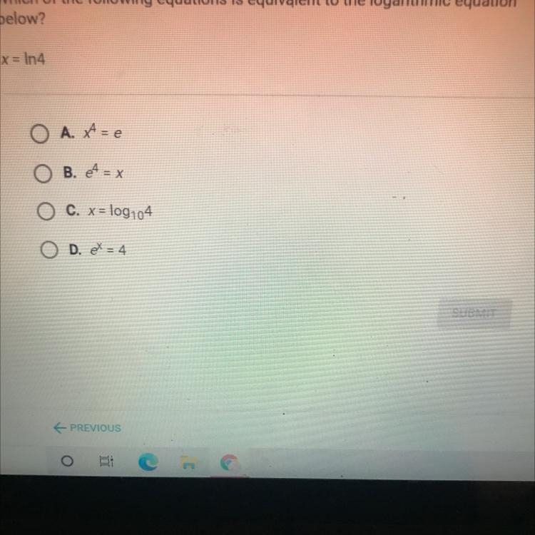 Which of the following equations is equivalent to the logarithmic equationbelow?x-example-1