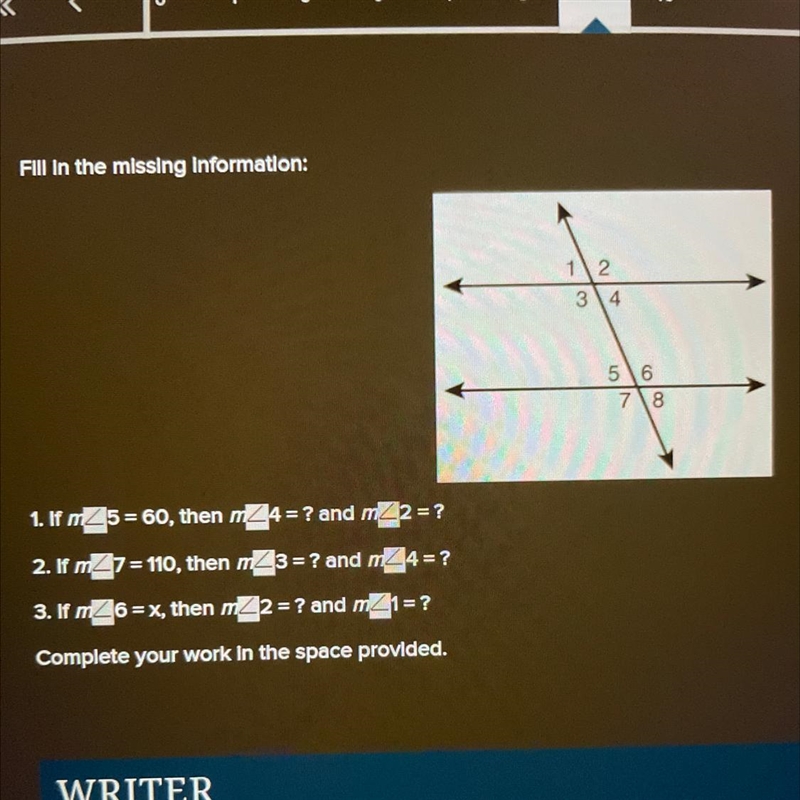 1. If m<5=60, then m<4=? and m<2=?2. If m<7=110, then m<3=? and m&lt-example-1