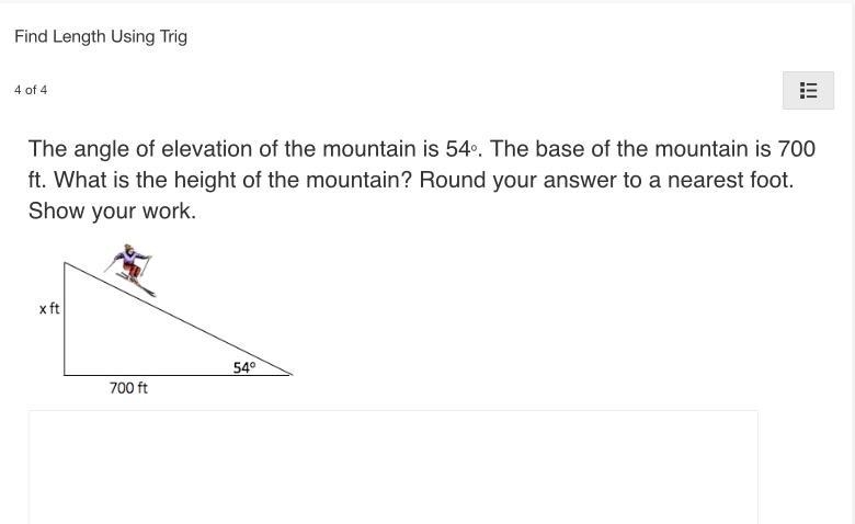 The angle of elevation of the mountain is 54o. The base of the mountain is 700 ft-example-1