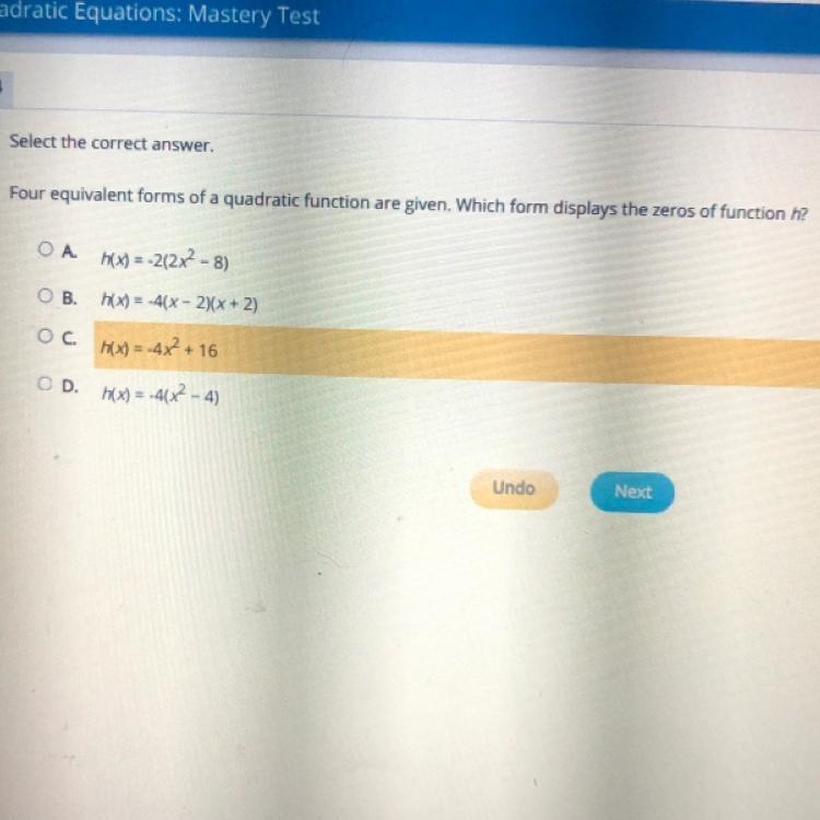 Four equivalent forms of a quadratic function are given. Which form displays the zeros-example-1