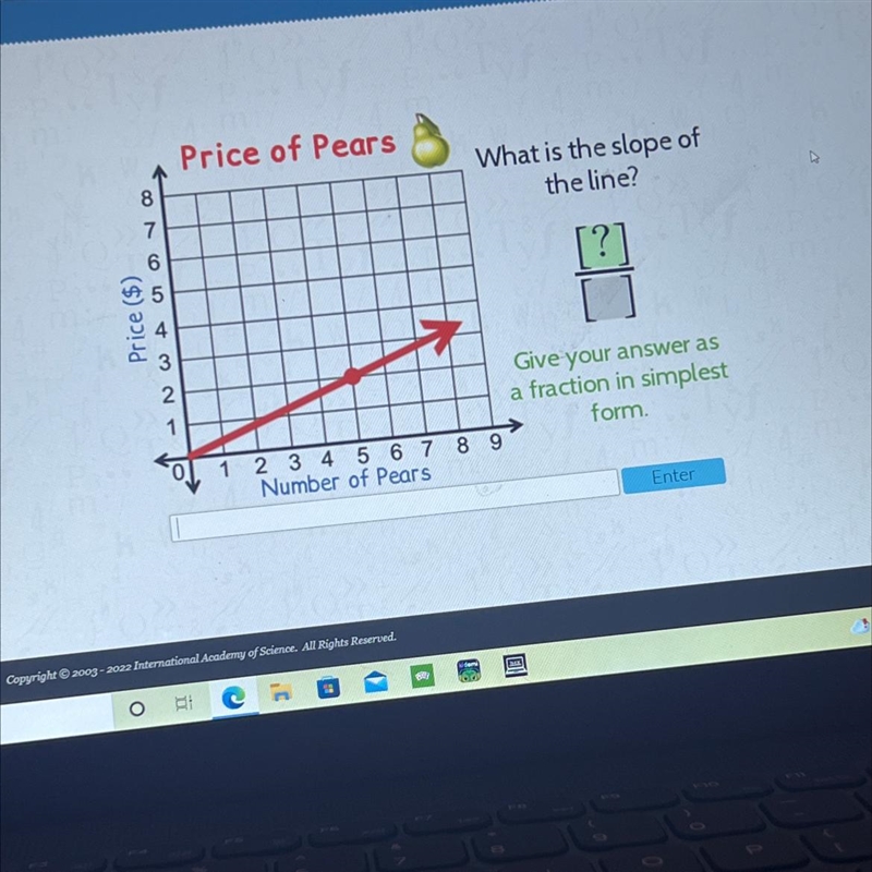 Price of Pears87What is the slope ofthe line?6[?]Price ($)No 003721Give your answer-example-1