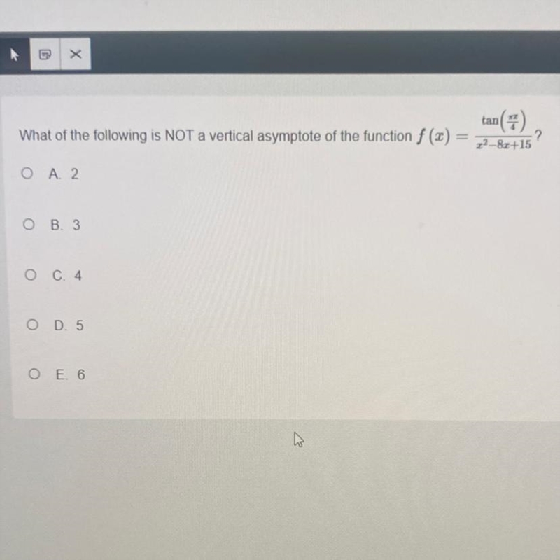 What of the following is not a vertical asymptote of the function f(x)= tan(pi x/4) / x-example-1