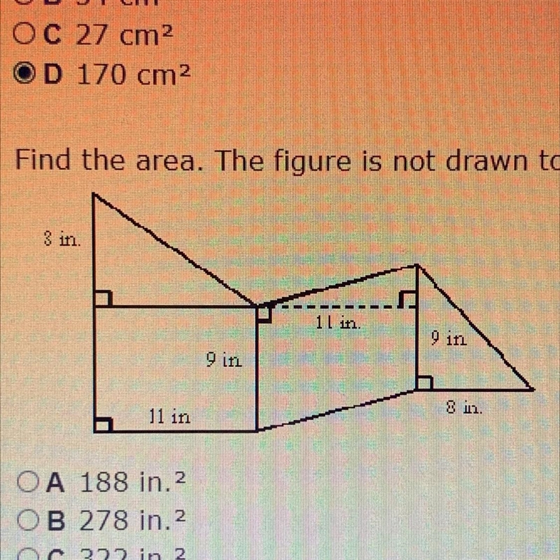 Just wondering how I would get the area of the middle part, I have both the triangles-example-1